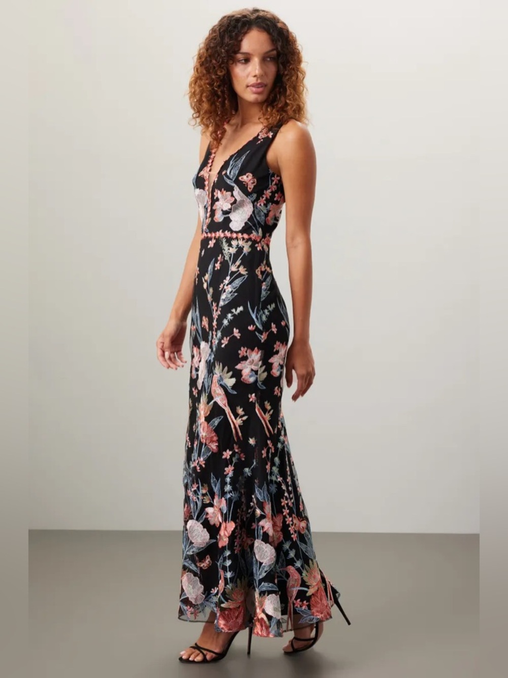 Marchesa Notte Black butterfly Floral Embroidered Maxi Dress